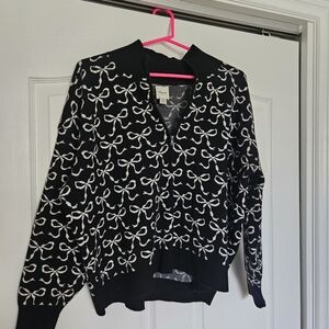 Maeve Black and White Bow Pattern Quarter Zip Sweater